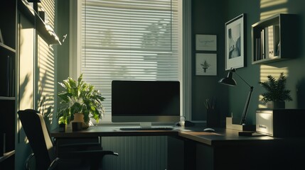 Fototapeta premium Stylish home office setup with natural light and contemporary design elements