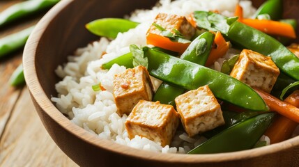 Close-up of rice and tofu stir-fry with snow peas and carrots in a bamboo bowl, emphasizing fresh and crisp textures. Ideal for vegetarian recipes and quick meals.