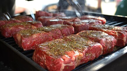 A variety of raw beef steaks for grilling with fresh seasoning and utensils, showcasing their texture and tenderness for an outdoor cookout