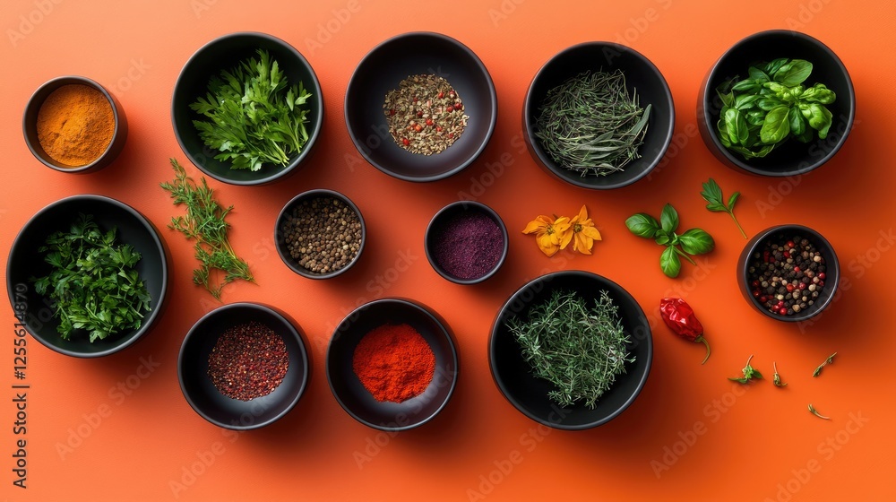 Poster a vibrant and colorful assortment of various herbs and spices in bowls, creating a lively and aromat