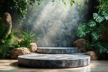 Natural Podium and Stage for Beauty Product Presentation with Leaves and Flowers, Generative AI