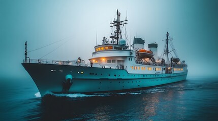 Naklejka premium Teal Ship Sailing Through Misty Waters at Dusk