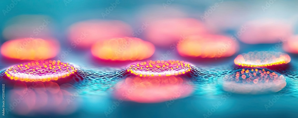 Poster marine life microscopic idea. close-up view of vibrant microchips with multicolor lights reflecting 