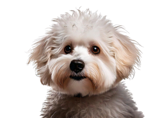 Fluffy white dog curly fur poses, playful expression, soft coat, cute appearance, isolated image, transparent background, high-quality PNG format, clean and crisp, adorable, fun-loving, energetic, cha