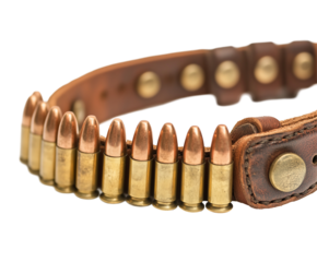 Close-up of a leather bullet belt showcasing metallic bullets and intricate craftsmanship. Isolated on transparent white background, png	
