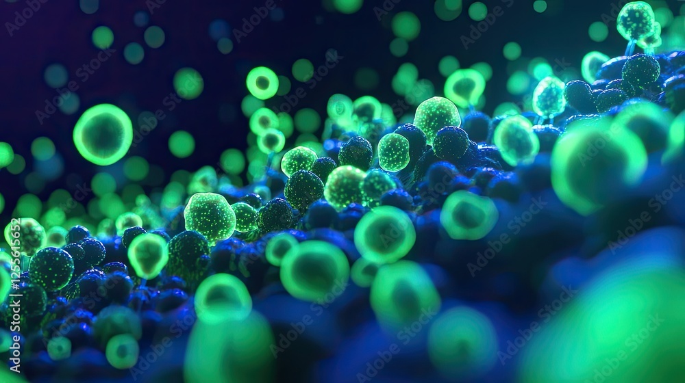 Poster marine life microscopic idea. vivid microscopic view of glowing microorganisms in a vibrant green en