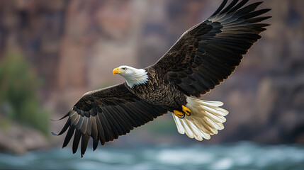 Obraz premium Majestic Bald Eagle Soaring Over a River During Twilight in a Mountainous Landscape