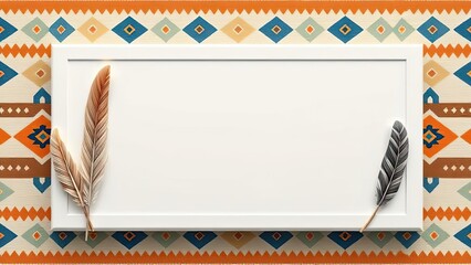 White Frame Mockup with Feathers on Ethnic Pattern Background