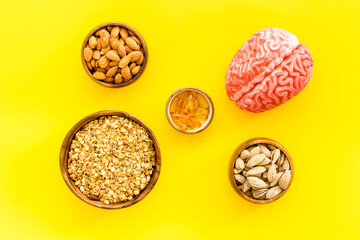 Healthy food for the brain. Human brain model with nuts and grain, top view