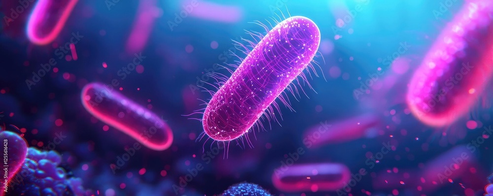 Poster Microscopic ocean life idea. Microscopic view of vibrant bacteria with glowing colors against a soft backdrop.