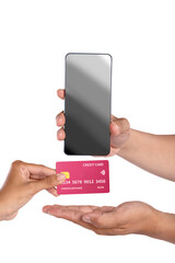 A human hand showing a credit card and mobile phone screen isolated over a white background. Blank screen for copy space. Mockup. Concept of technology, shopping, or banking