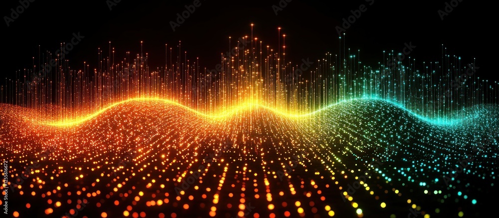Poster vibrant abstract sound waves with colorful particles in motion