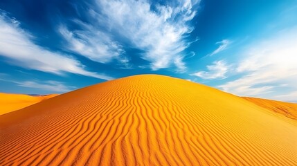 Stunning desert landscape presents vibrant orange sand dunes against deep blue sky, with golden sunlight creating natural patterns in pristine Sahara setting with minimalist composition.