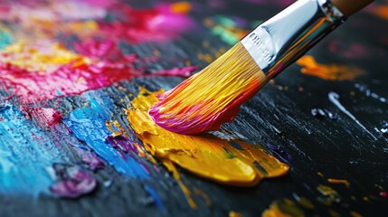 Obraz premium A vibrant brush dripping bright paint onto a glossy black surface, creating colorful splashes that enhance the contrast and creativity of the scene