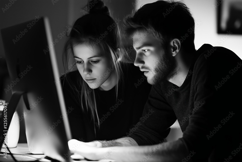 Poster collaborative effort on a project as two young professionals engage with their computer