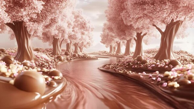 Dreamy chocolate landscape featuring cocoa trees with pink candy blossoms and flowing river melted chocolate. Scene is decorated with nuts and sprinkles, creating whimsical edible fantasy world.