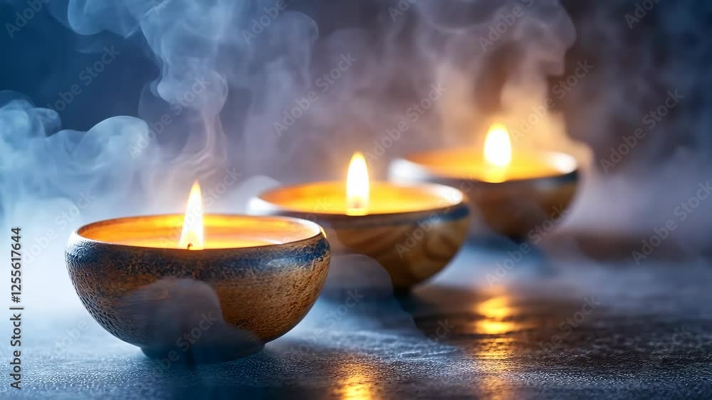 Poster soft glow of candles in a serene setting with wisps of smoke creating a tranquil atmosphere