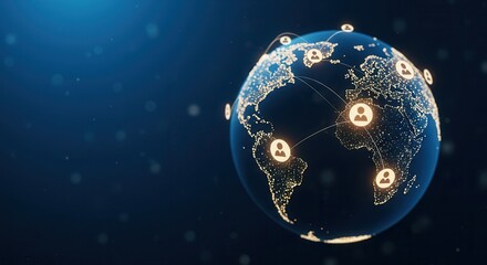 Global social network concept with digital graphic user symbols connected by lines on blue world map background. 3D rendering