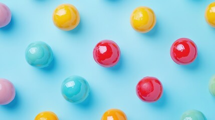 Fototapeta premium Colorful gumballs arranged on blue background; food photography, website design