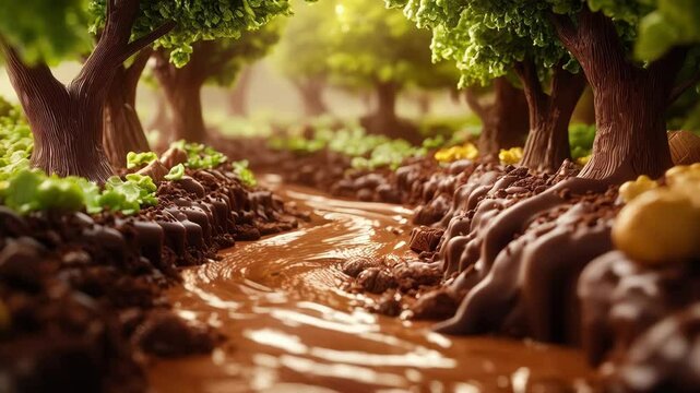 Fantasy chocolate forest with trees made of chocolate and flowing river melted cocoa. Candy leaves and nuts decorate the scene, creating dreamy edible landscape sweetness and creativity.