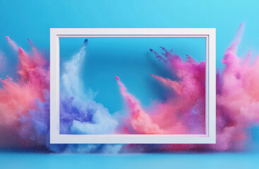 Vivid powders explode in vibrant colors around a decorative frame, capturing the essence of the Holi festival of colors