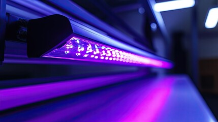 Strong ultraviolet light is emitted by a contemporary UV lamp with a sleek appearance and a purple glow, which is perfect for cleaning surfaces, curing inks, and revealing hidden details