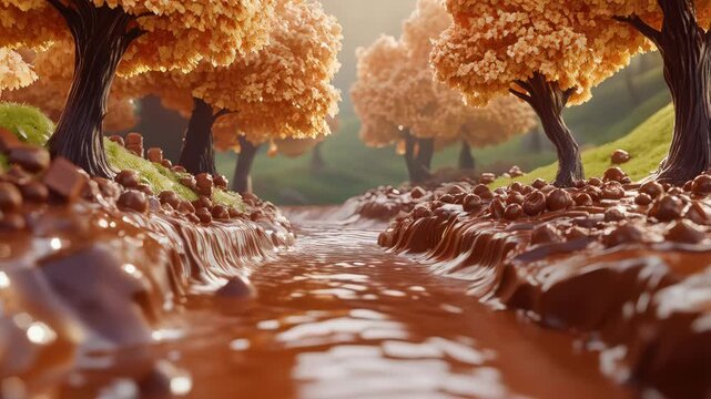 Fantasy chocolate forest with trees made of chocolate and flowing river melted cocoa. Candy leaves and nuts decorate the scene, creating dreamy edible landscape sweetness and creativity.