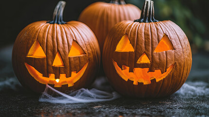 Fototapeta premium Festive Carved Pumpkins Glowing in the Night During Autumn Celebrations for Halloween