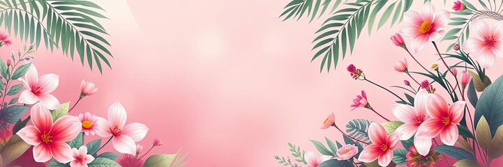 Fototapeta premium Pink Floral Banner Tropical Flowers Blossom Spring Summer Background