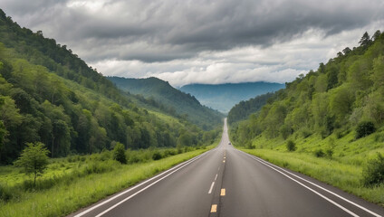 A Long Stretch of Empty Highway Through Lush Greenery