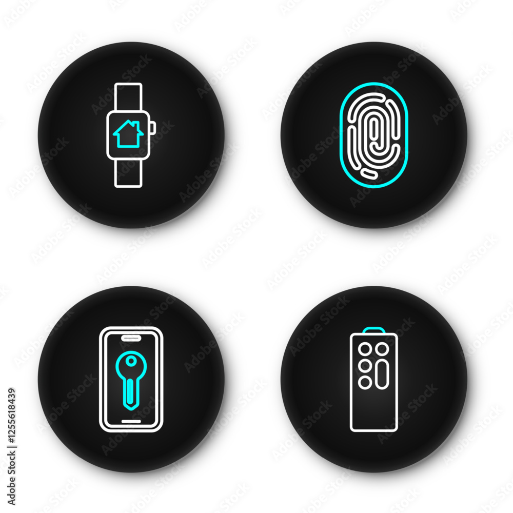 Poster set line remote control, smart key, fingerprint and home with smart watch icon. vector