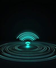 Obraz premium Radio wave pulse glow. Smart home sensors, wireless beacon, digital transmission sound. Transparent glowing Wi-Fi logo. Radar beams emitting a network light effect for IoT devices