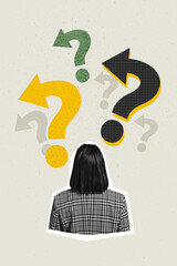 Poster image vertical photo collage of anonym businesswoman stand back question mark arrow concept...