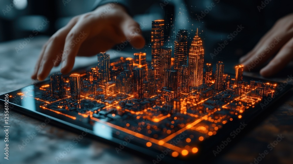 Poster digital city model with glowing elements on tablet display