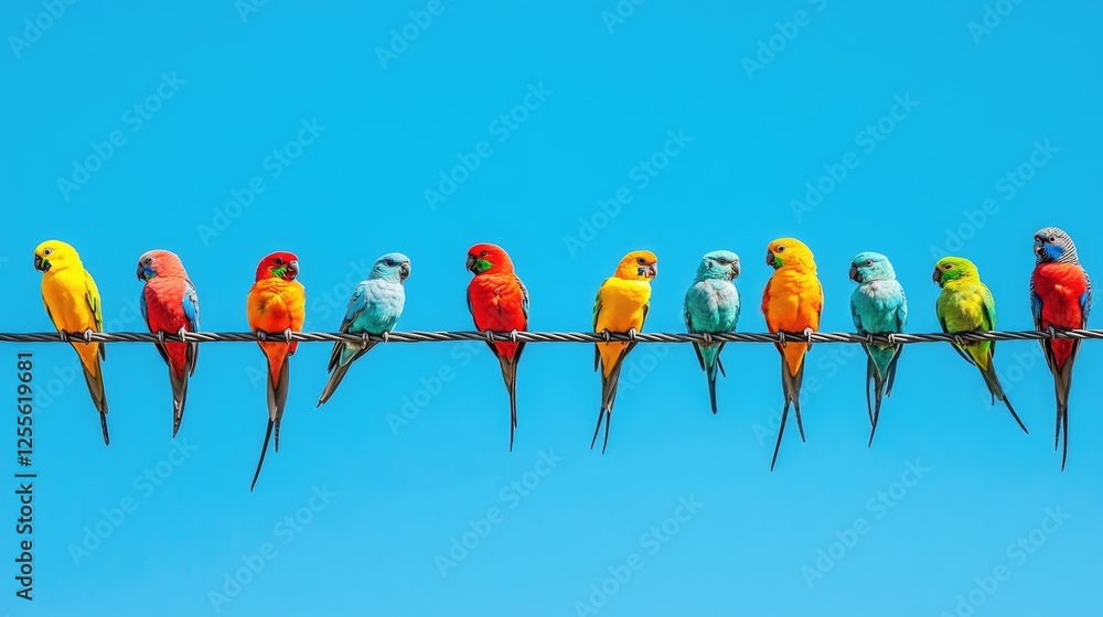 Poster A vibrant scene of colorful birds sitting on a power line, set against the backdrop of a clear azure sky, adding life and color to the day