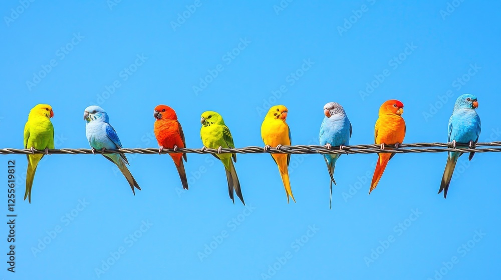 Poster A vibrant scene of colorful birds sitting on a power line, set against the backdrop of a clear azure sky, adding life and color to the day