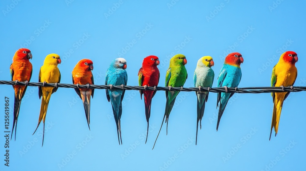 Aufkleber a vibrant scene of colorful birds sitting on a power line, set against the backdrop of a clear azure