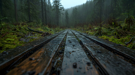 Fototapeta premium Rainy forest boardwalk path, misty background
