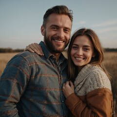 Fototapeta premium Joyful Couple Smiling Together in Nature Portrait