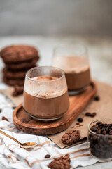 coffee with foam in a glass, two drinks, golden spoon, coffee beans, Americano, cappuccino, mocha, homemade pastries, cooking, chocolate cookies, light composition, macro, flatlay, coffee with sweets