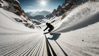 Skier Carving Through Powder on a Pristine Mountain Slope