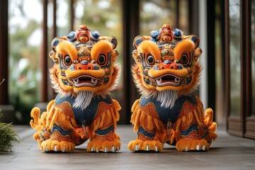 Colorful Lion Statues Symbolizing Prosperity and Good Fortune in Asia