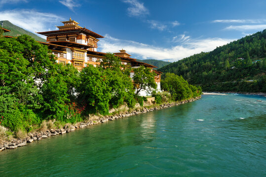 Punakha Dzong (Pungthang Dewa chhenbi Phodrang) in the Punakha Valley by a river, Bhutan