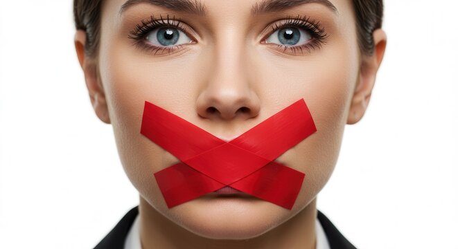 Portrait of a young woman with tape on mouth over colored background
