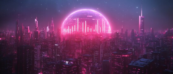 Fototapeta premium 3D Earth globe with financial bar chart overlay, New York City view, stock market growth, digital finance concept, glowing neon data, futuristic city design