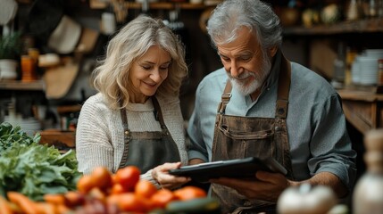 Happy Couple in Aprons Using Tablet in Cozy Market Setting