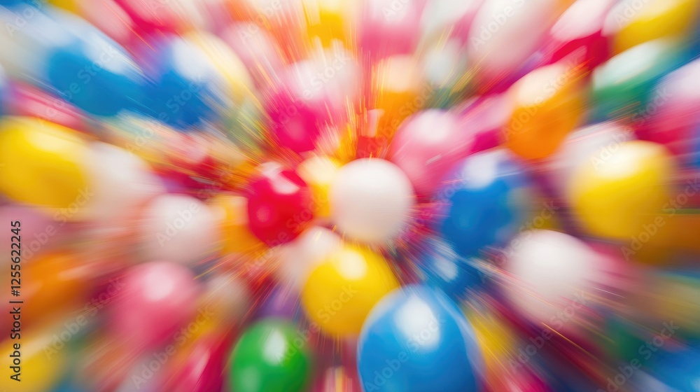 Poster A vivid explosion of Styrofoam mini balls in various colors, frozen in motion with blur effect, capturing the energy and excitement of the moment