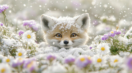 Obraz premium Fox Peeking Through a Snowy Flower Field During Winter While Snowflakes Softly Fall Around
