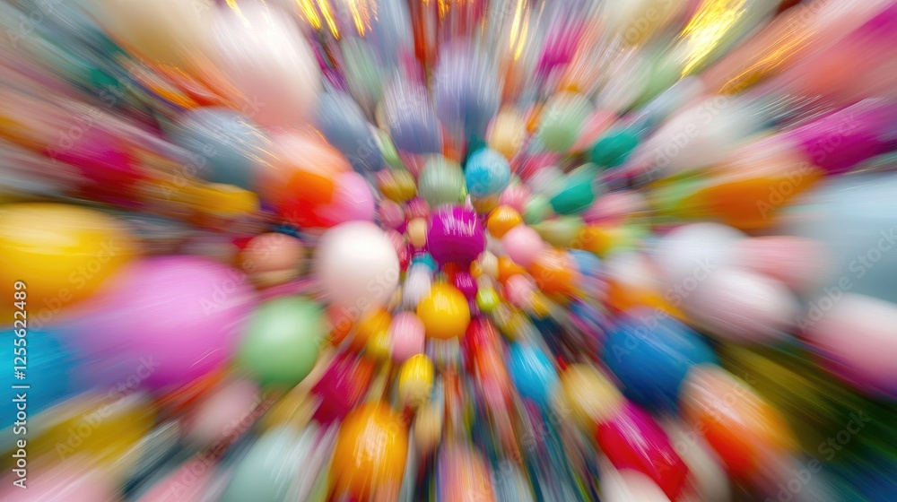 Poster A vivid explosion of Styrofoam mini balls in various colors, frozen in motion with blur effect, capturing the energy and excitement of the moment