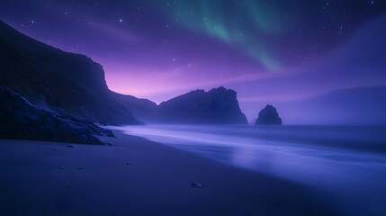Fototapeta premium Spectacular aurora borealis illuminates ocean coastline with green-purple lights, creating mystical atmosphere over rocky beach with starry sky and misty seascape in long exposure.